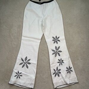 Willi Smith Womens 8 100% Linen Lined Trouser Pants Flare White Embroidered